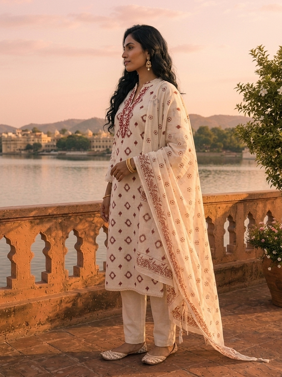 Maroon Cotton Ikat Printed Three Piece Set
