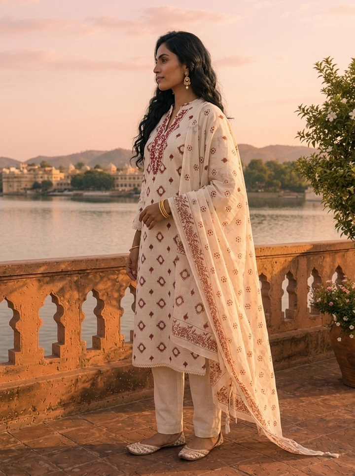 Maroon Cotton Ikat Printed Three Piece Set