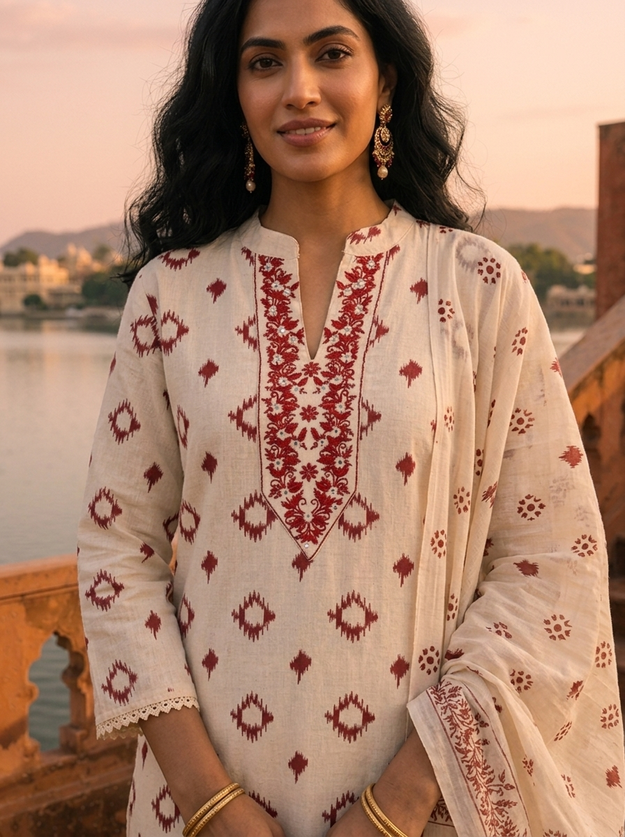 Maroon Cotton Ikat Printed Three Piece Set
