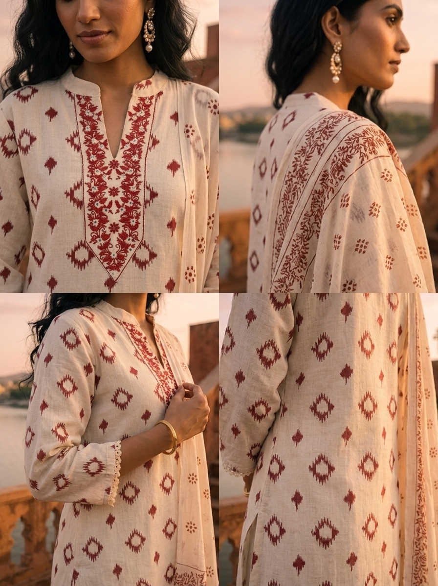 Maroon Cotton Ikat Printed Three Piece Set