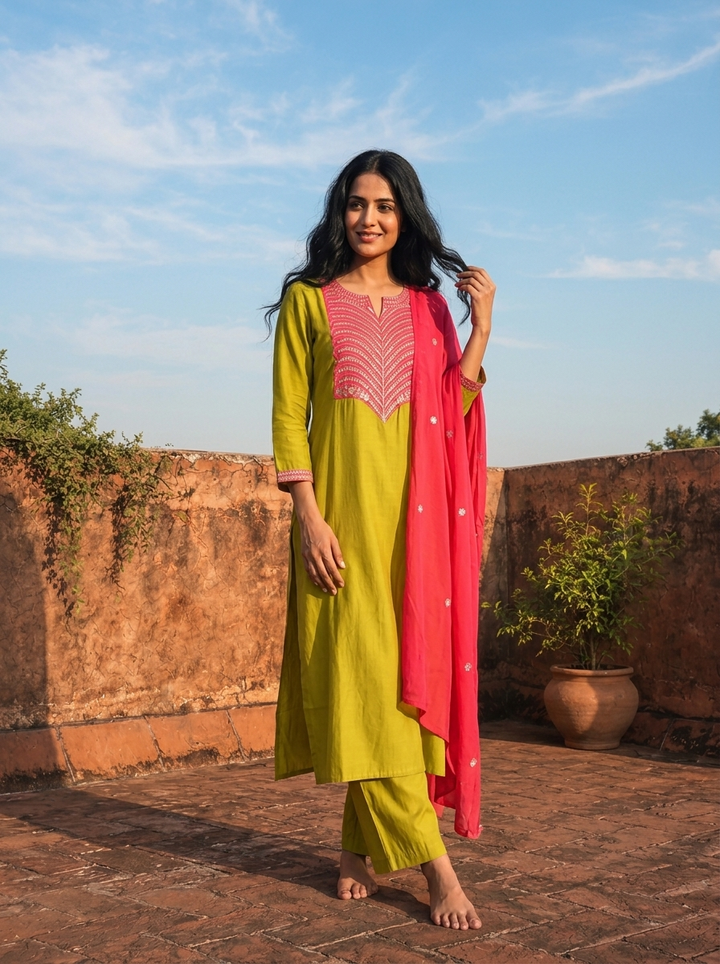 Lime Green Cotton Solid With Color Block Embroidered Three Piece Set