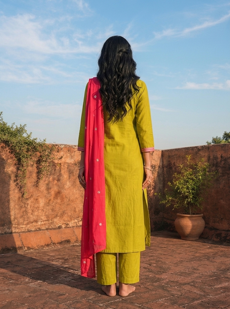 Lime Green Cotton Solid With Color Block Embroidered Three Piece Set