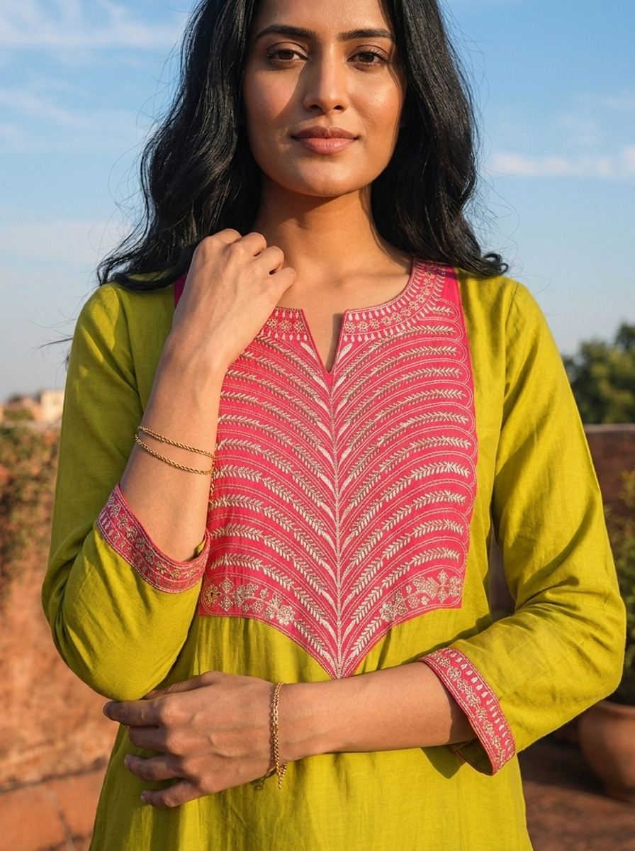 Lime Green Cotton Solid With Color Block Embroidered Three Piece Set