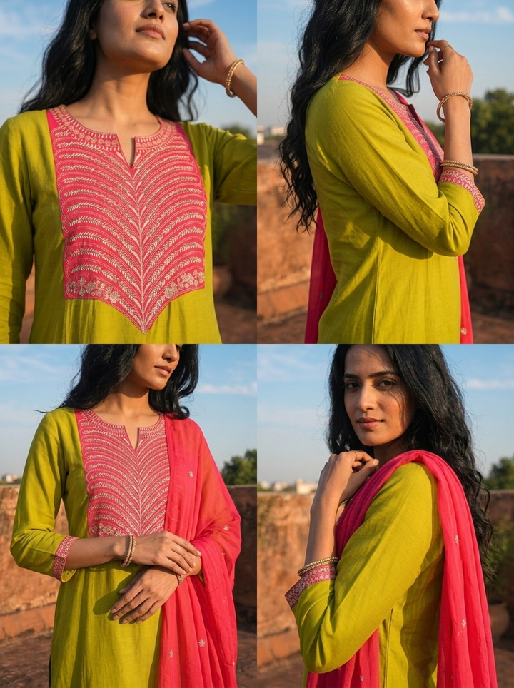 Lime Green Cotton Solid With Color Block Embroidered Three Piece Set