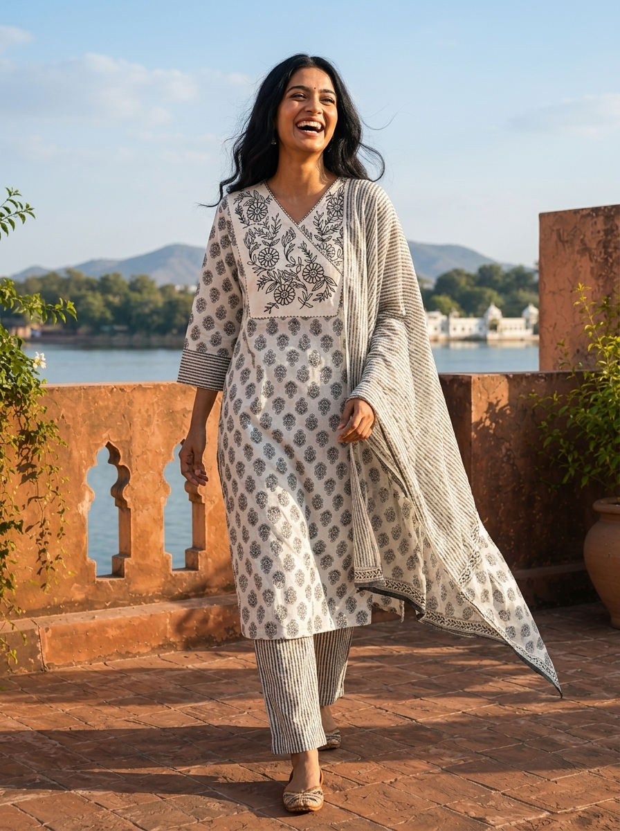 Black Cotton Contemporary Block Printed Three Piece Set
