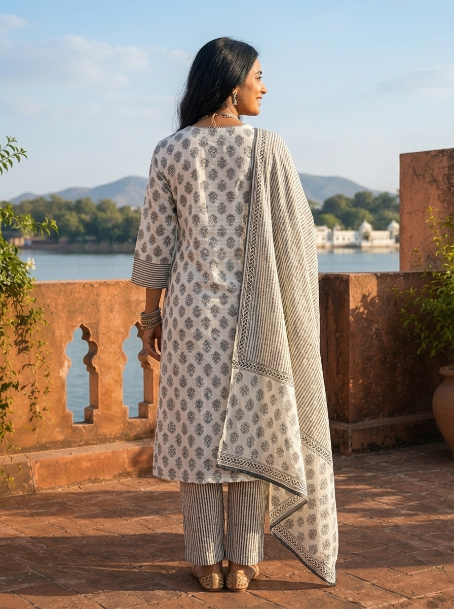 Black Cotton Contemporary Block Printed Three Piece Set