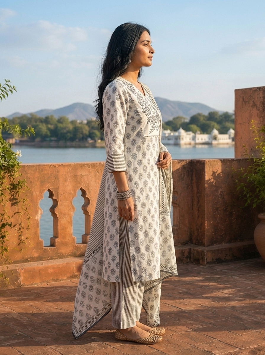 Black Cotton Contemporary Block Printed Three Piece Set