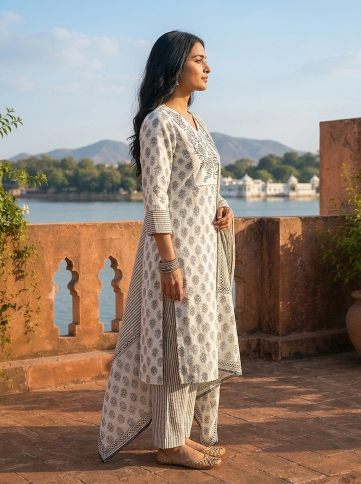 Black Cotton Contemporary Block Printed Three Piece Set