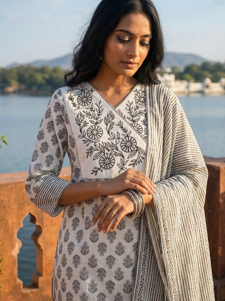 Black Cotton Contemporary Block Printed Three Piece Set