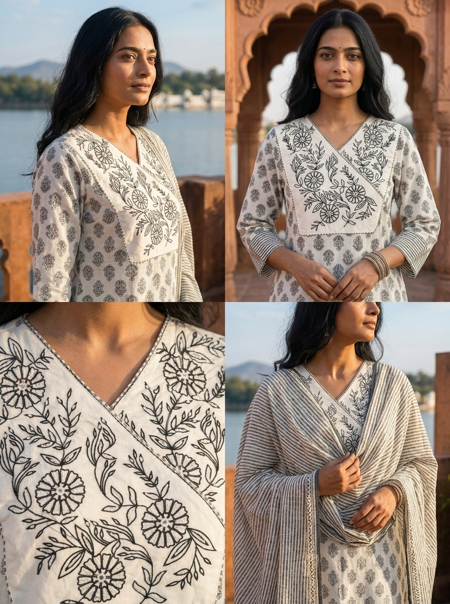 Black Cotton Contemporary Block Printed Three Piece Set