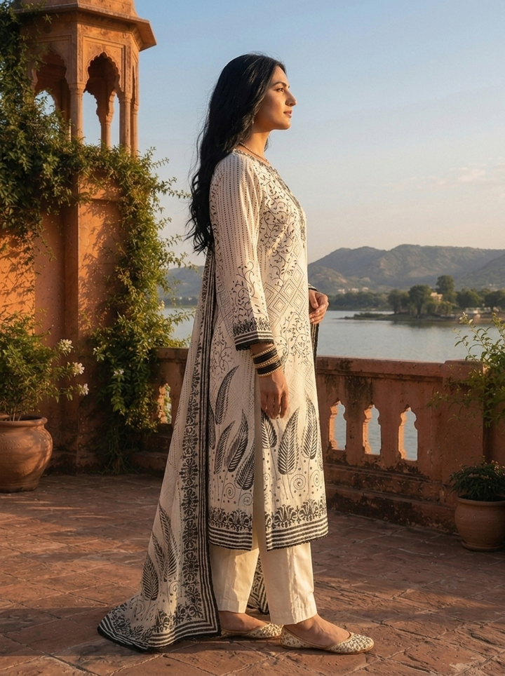Cream Cotton Mixed Motif Digital Printed Three Piece Set