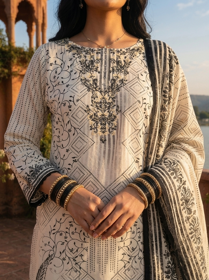Cream Cotton Mixed Motif Digital Printed Three Piece Set