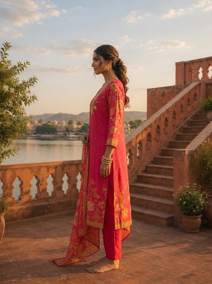Rani Crepe Floral Vine Printed Three Piece Set
