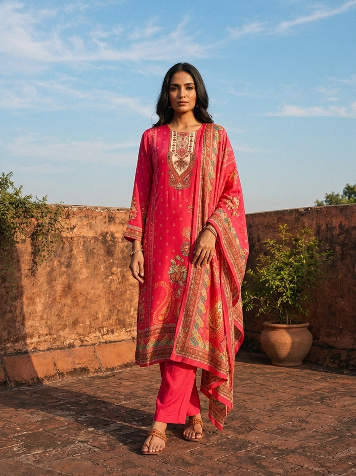 Rani Crepe Paisley And Floral Motif Printed Three Piece Set
