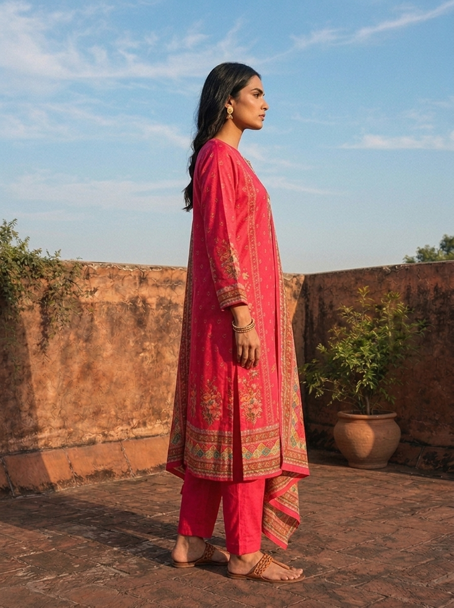 Rani Crepe Paisley And Floral Motif Printed Three Piece Set