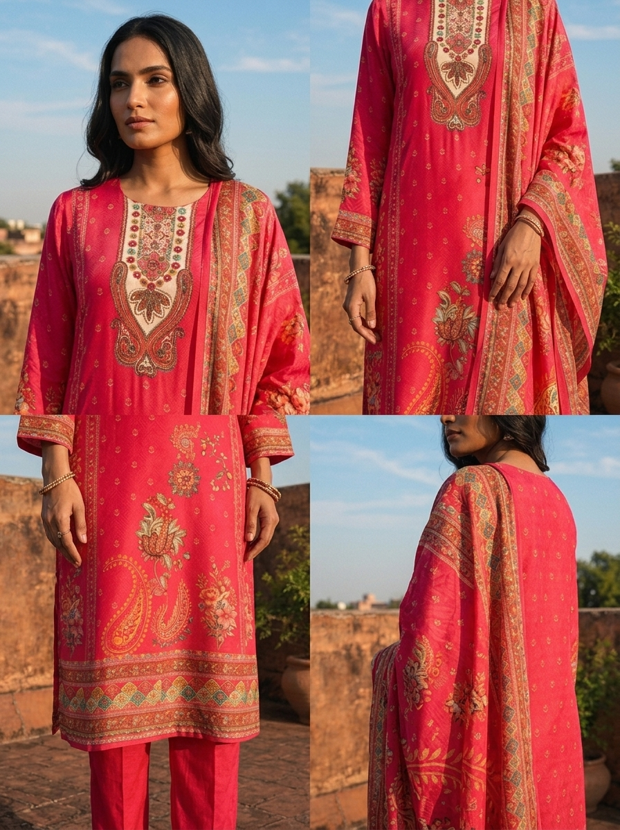 Rani Crepe Paisley And Floral Motif Printed Three Piece Set