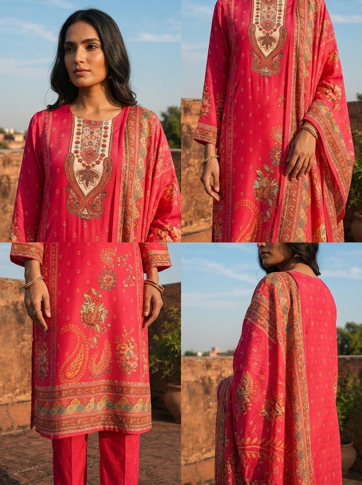 Rani Crepe Paisley And Floral Motif Printed Three Piece Set