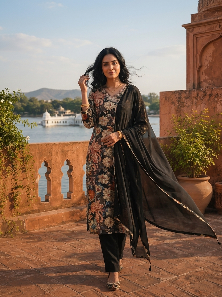 Black Cotton Vintage Floral Printed Three Piece Set