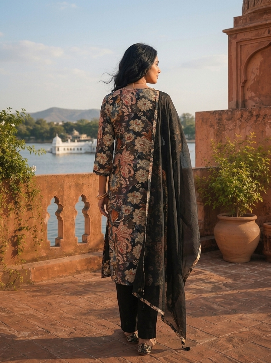 Black Cotton Vintage Floral Printed Three Piece Set