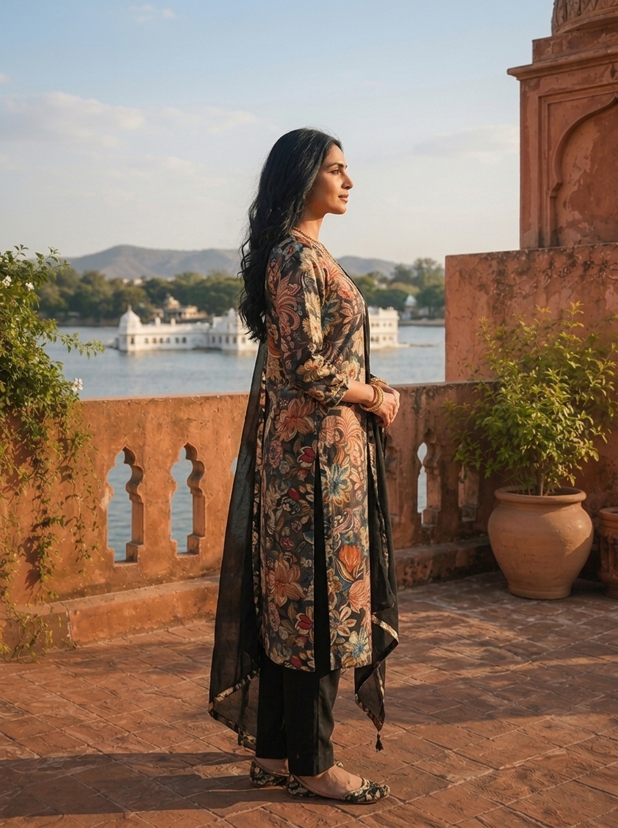 Black Cotton Vintage Floral Printed Three Piece Set