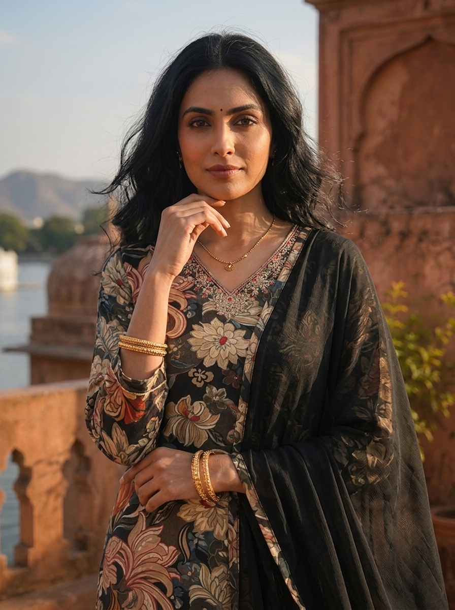 Black Cotton Vintage Floral Printed Three Piece Set