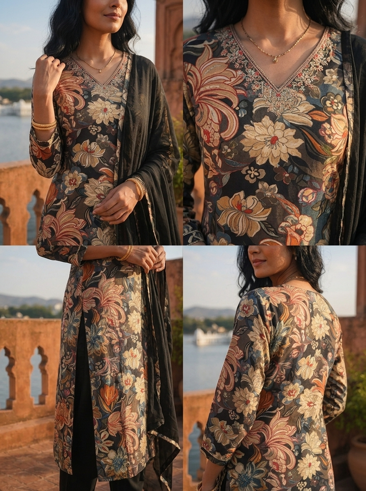 Black Cotton Vintage Floral Printed Three Piece Set
