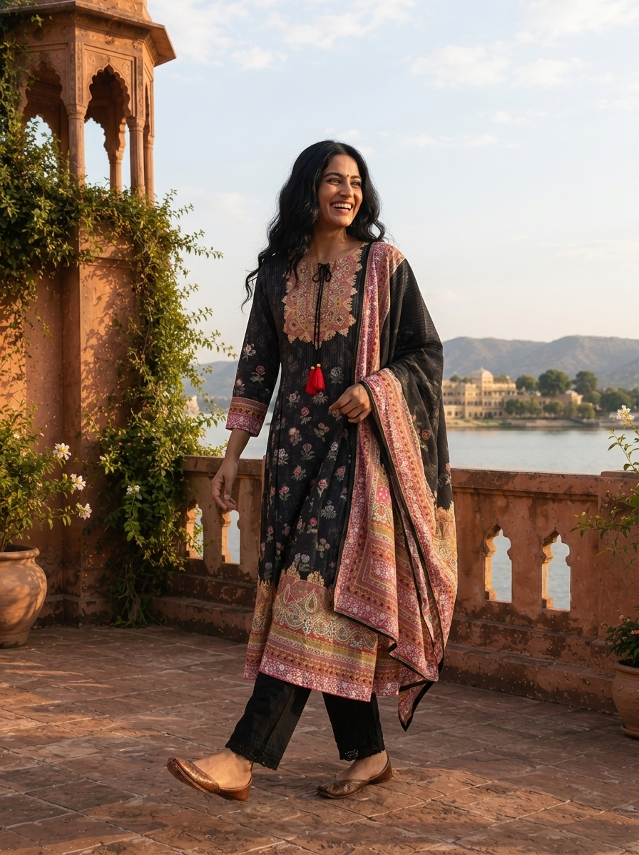 Black Silk Mughal Fusion Printed Three Piece Set