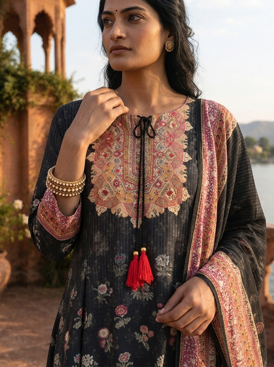 Black Silk Mughal Fusion Printed Three Piece Set