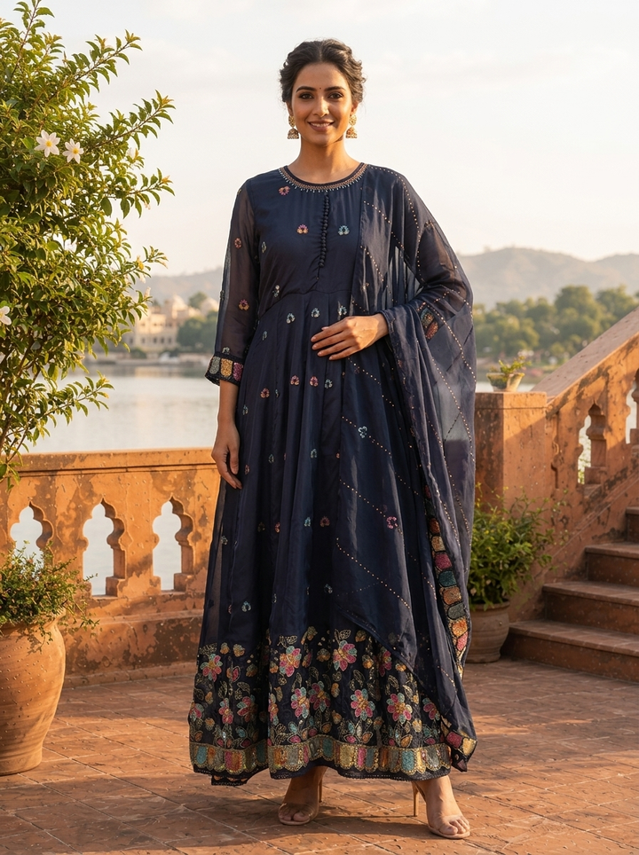 Navy Blue Organza Scattered Multi-Color Butti Embroidered Three Piece Set