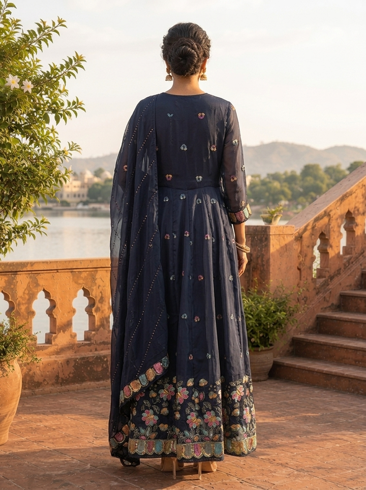 Navy Blue Organza Scattered Multi-Color Butti Embroidered Three Piece Set