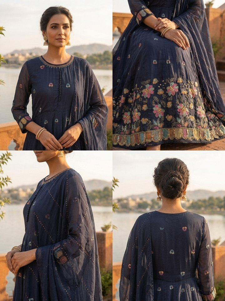 Navy Blue Organza Scattered Multi-Color Butti Embroidered Three Piece Set