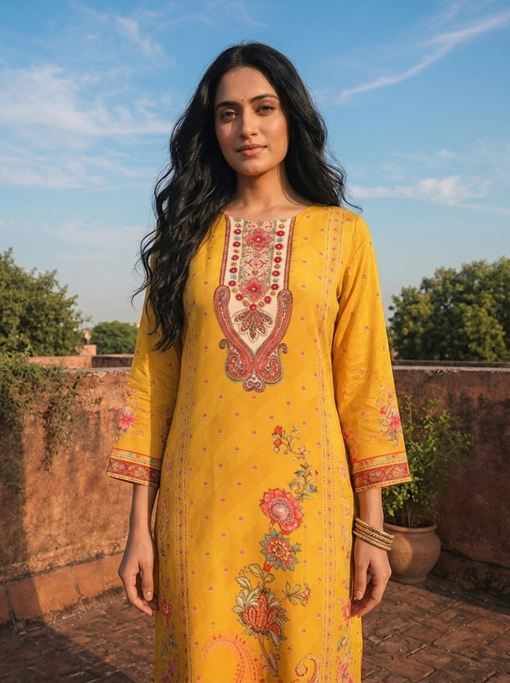 Mustard Crepe Mughal Digital Printed Three Piece Set