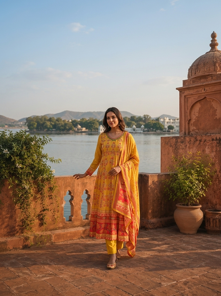 Mustard Silk Mughal Floral Printed Three Piece Set