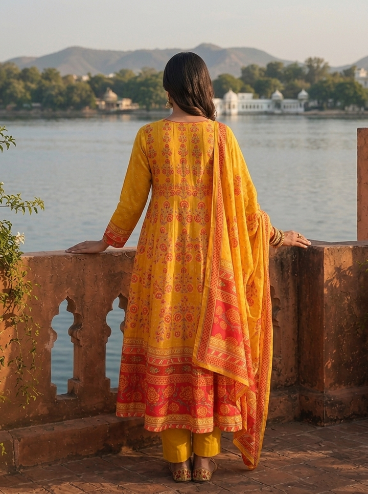 Mustard Silk Mughal Floral Printed Three Piece Set