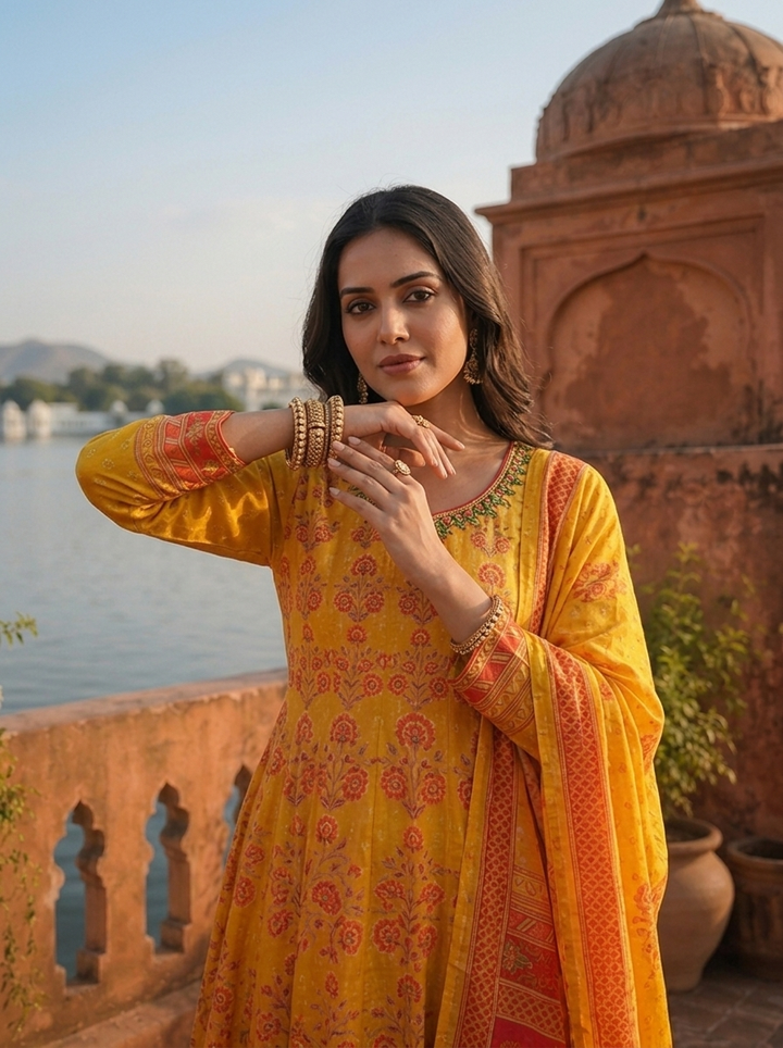 Mustard Silk Mughal Floral Printed Three Piece Set