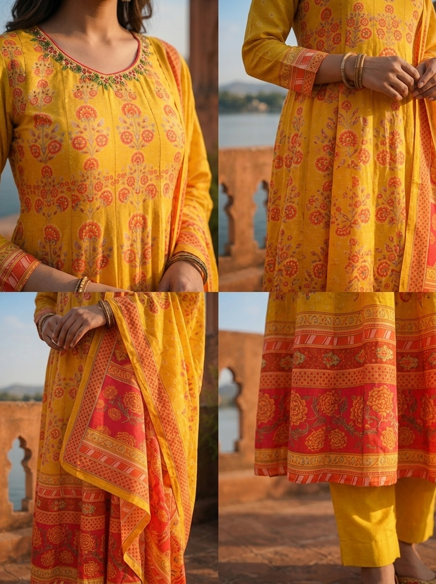 Mustard Silk Mughal Floral Printed Three Piece Set