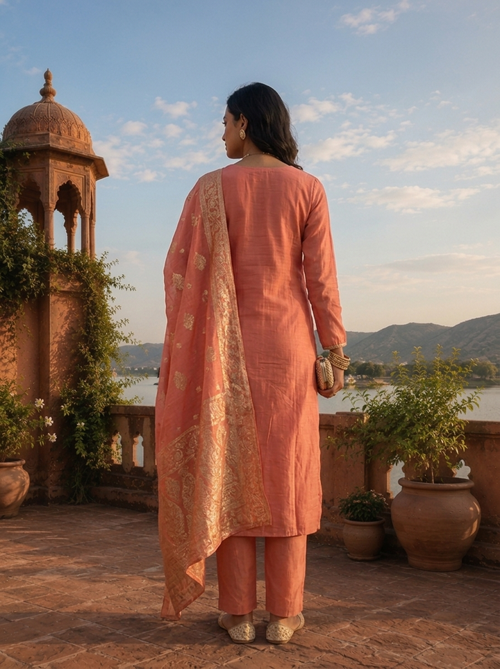 Onion Muslin Heavy Zari Embroidered Three Piece Set