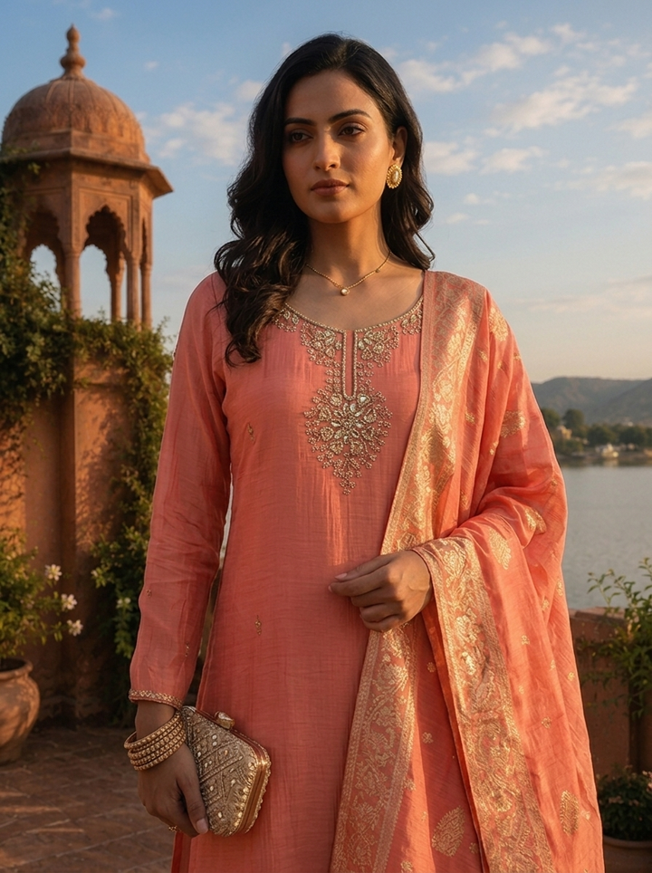 Onion Muslin Heavy Zari Embroidered Three Piece Set