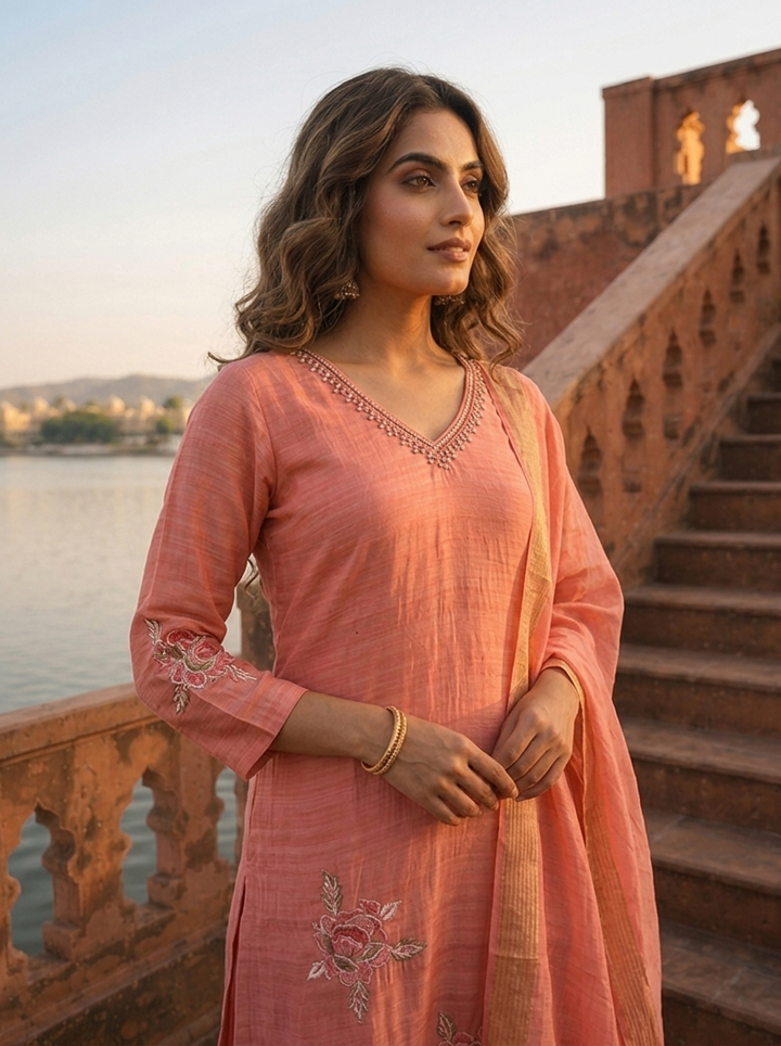 Onion Silk Floral Motif Embroidered Three Piece Set