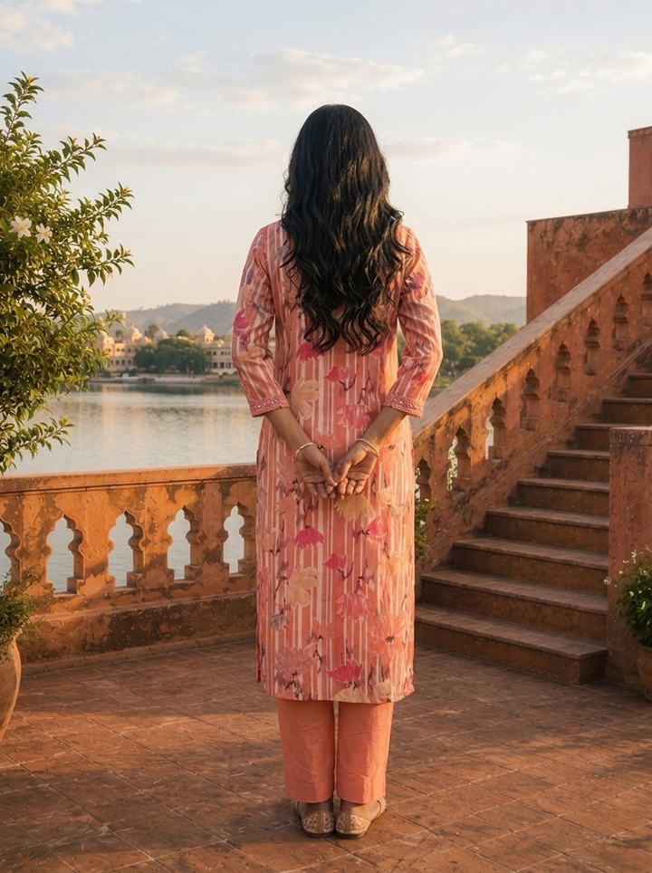 Peach Cotton Lotus Floral Printed Three Piece Set