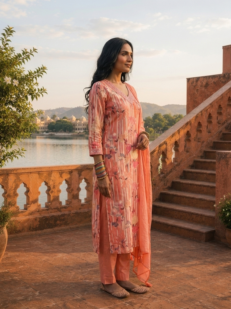 Peach Cotton Lotus Floral Printed Three Piece Set