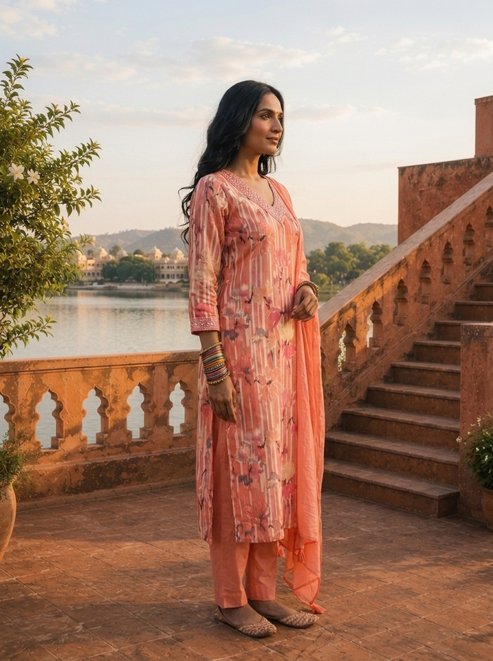 Peach Cotton Lotus Floral Printed Three Piece Set