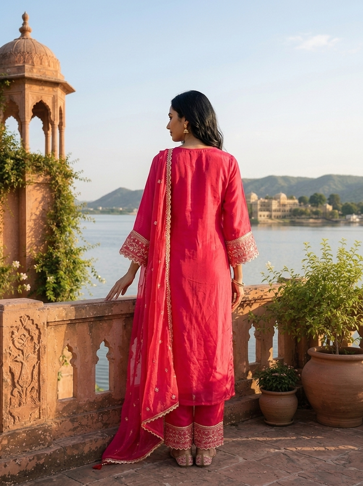 Rani Pink Cotton Tiny Floral Butis Printed Three Piece Set