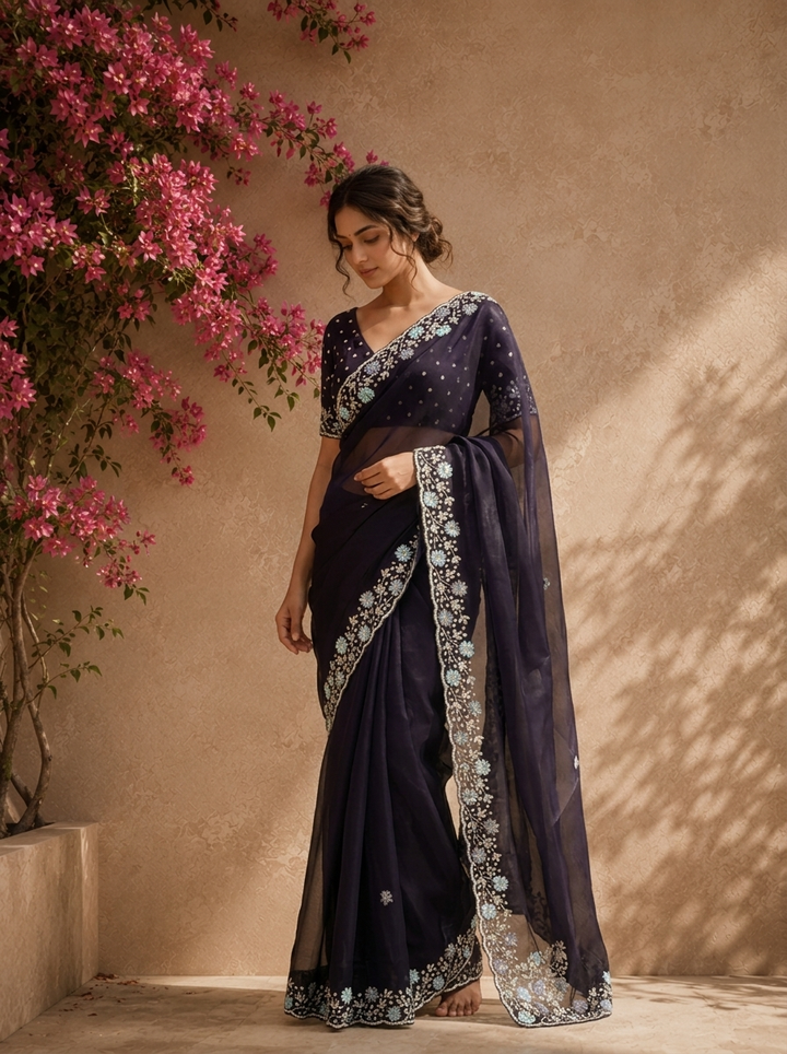 Purple Organza Saree With Scallop Floral Embroidered Border