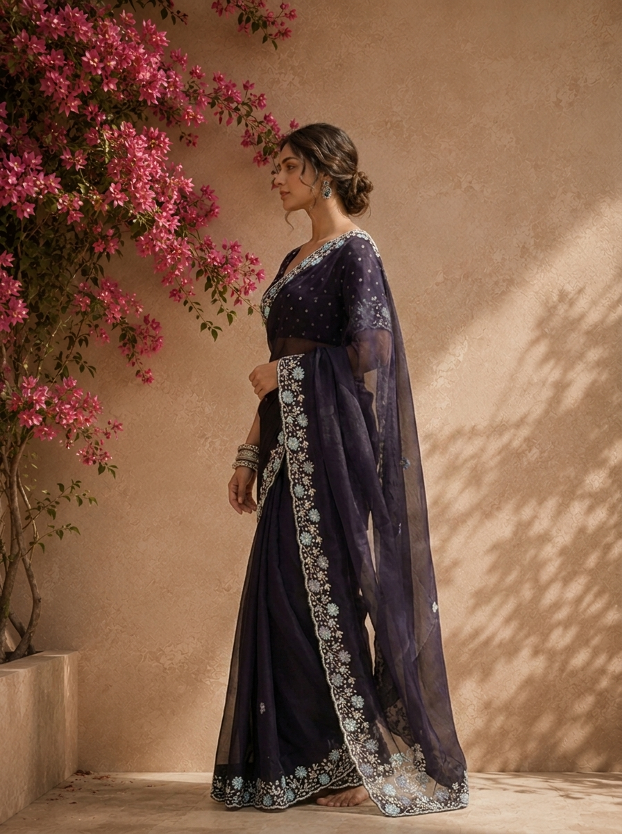 Purple Organza Saree With Scallop Floral Embroidered Border