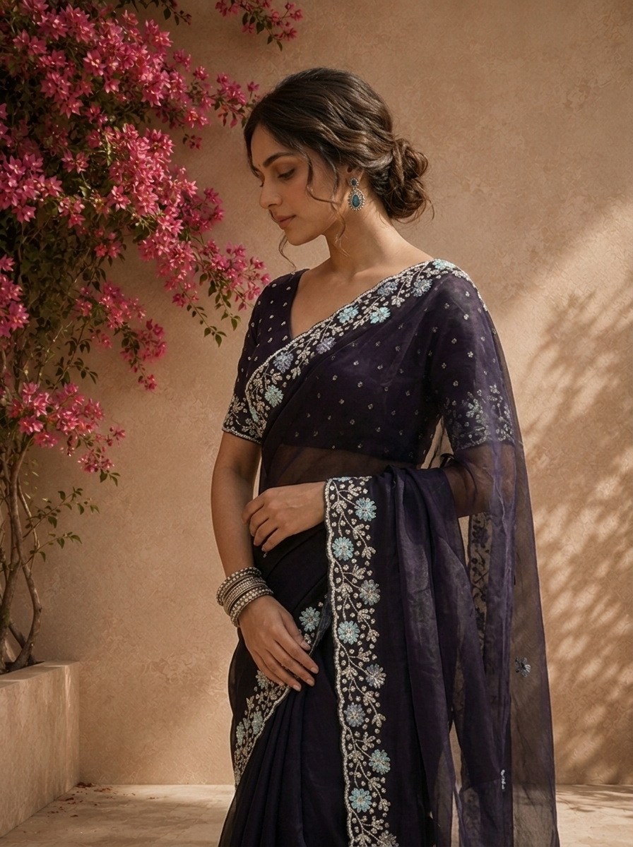 Purple Organza Saree With Scallop Floral Embroidered Border
