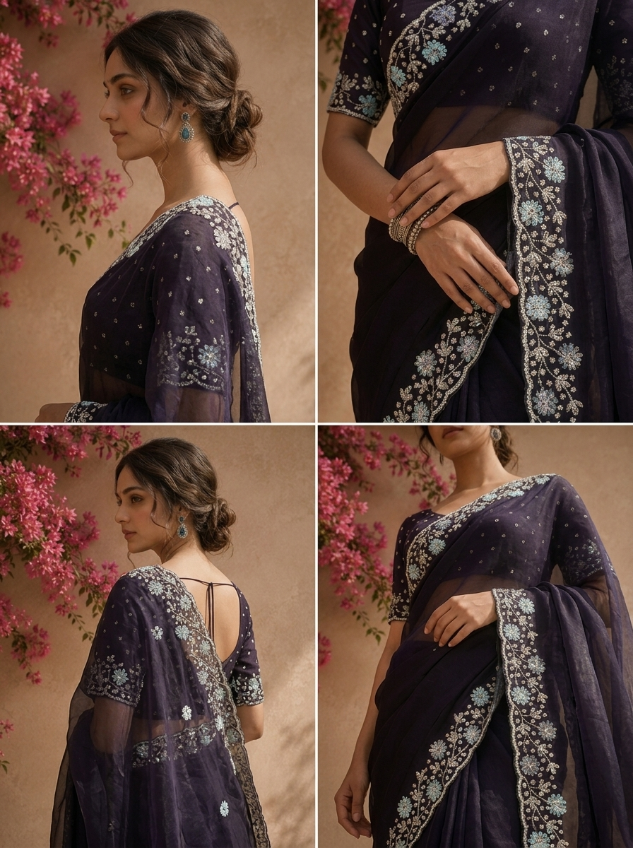 Purple Organza Saree With Scallop Floral Embroidered Border