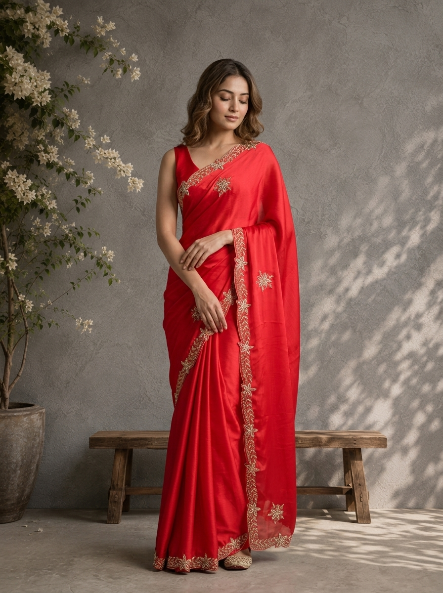 Rani Pink Organza Floral Embroidered Saree With Cutdana And Zari Floral Border