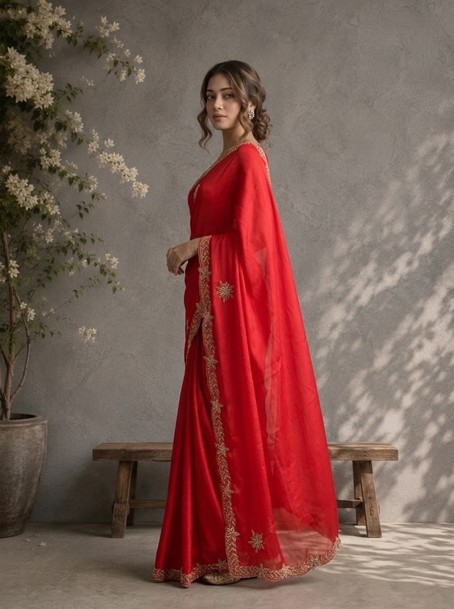 Rani Pink Organza Floral Embroidered Saree With Cutdana And Zari Floral Border