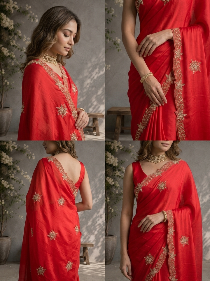 Rani Pink Organza Floral Embroidered Saree With Cutdana And Zari Floral Border